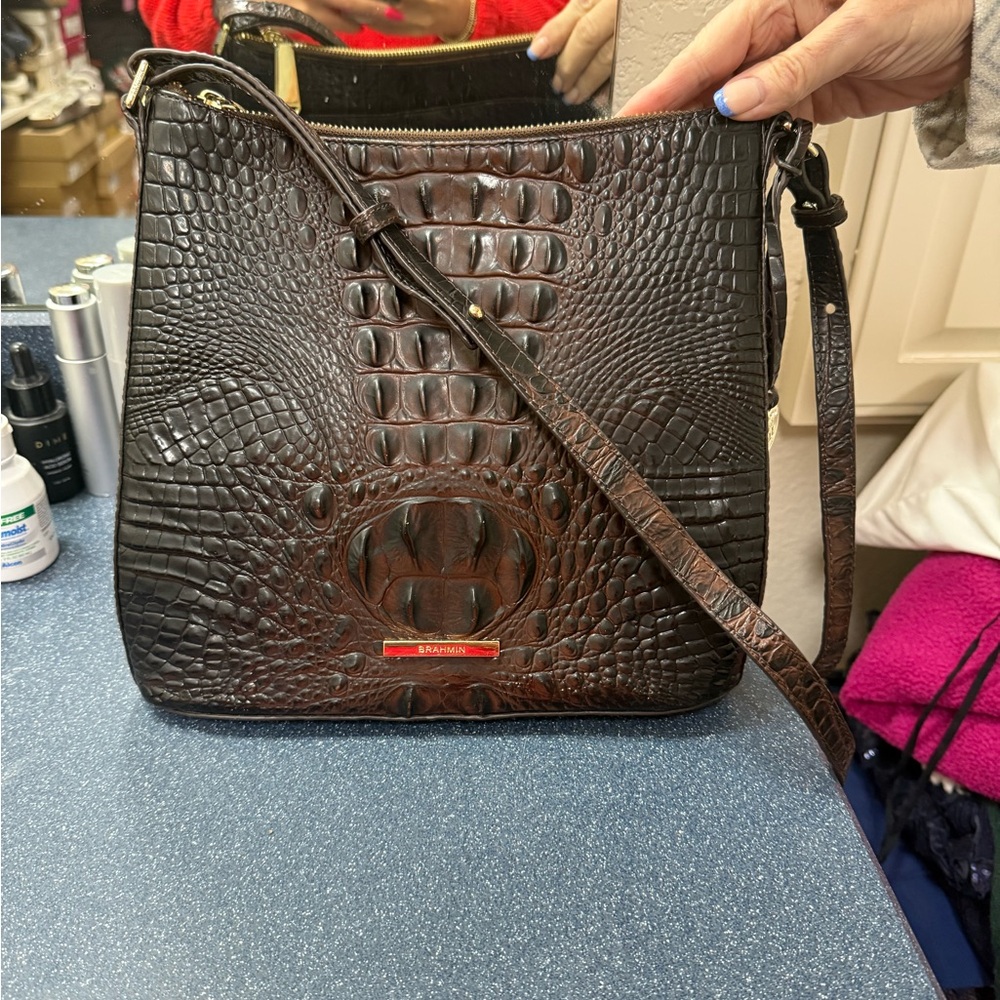 Brahmin Dark Brown Croc-Embossed Crossbody Bag - Picture 2 of 4